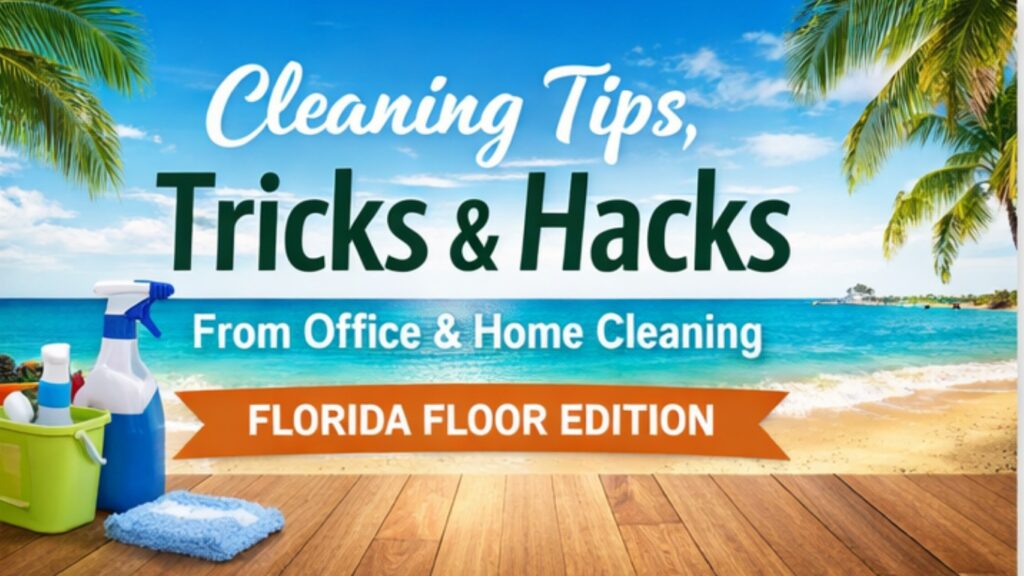 Bright and clean modern home interior with shiny hardwood and tile floors, sunlight streaming in, and cleaning supplies like a mop and microfiber cloth, representing professional home cleaning tips and hacks from Office & Home Cleaning.